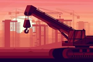 telescopic crawler crane in a sunset with heavy construction and mining machinery vector