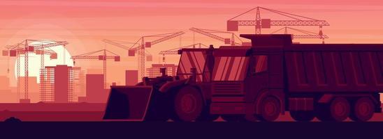 dumper truck and front loader in panoramic background in a sunset with heavy construction and mining machinery vector