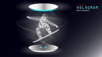 The series of hologram wallpaper. Action figure of a snow ski athlete on light projection. vector