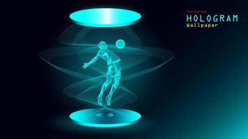 la serie de papel tapiz de holograma. figura de acción de un jugador de fútbol en proyección de luz. vector