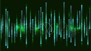Glowing sound wave with dotted frequency lines and neon effects style. Green light circle walpaper. vector