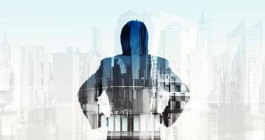 Double exposure of businessman and abstract city photo