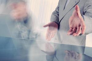 businessman hand pressing a touchscreen button on server background photo