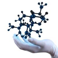 La mano del médico científico sostiene la estructura molecular virtual. foto