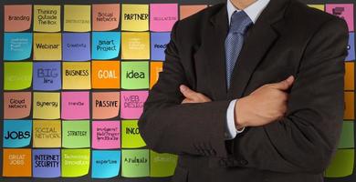 businessman and hand drawn words icons of business strategy on sticky note background as concept photo