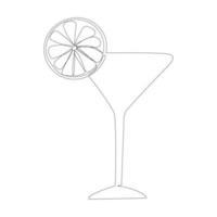 Continuous line drawing. Wineglass with cocktail and lemon. Isolated on white background. Hand drawn vector illustration.