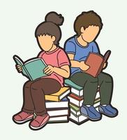 Group of Children Sitting on Pile Books Reading Books Together vector