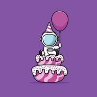 Cute Astronaut Birthday Party With Cake And Balloon Cartoon Vector Icon Illustration. Science Birthday Icon Concept Isolated Premium Vector. Flat Cartoon Style