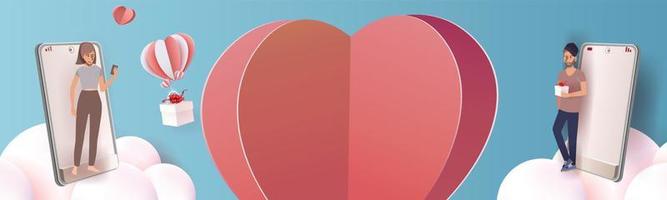 Valentine's day concept background. Vector illustration. 3d red and pink paper  realistic hearts cover  greeting in papercut realistic style. Paper clouds, flying banner.