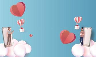 Valentine's day concept background. Vector illustration. 3d red and pink paper  realistic hearts cover  greeting in papercut realistic style. Paper clouds, flying banner.