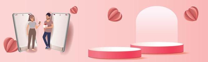 3d podium red product background for valentine.pink and heart love romance concept design vector illustation decoration banner