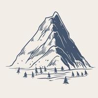 dibujado a mano de una gran montaña rocosa con pequeños pinos. vector