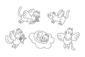 Flying cats. Cute kitty. Symbol of love. Set of vector illustrations in doodle style for valentines day or wedding on white background