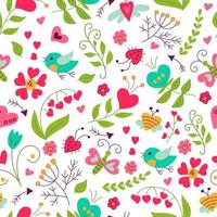 Spring background. Hand drawn pattern for valentines day or wedding. Floral seamless pattern in doodle style. Vector illustration in doodle style on white background