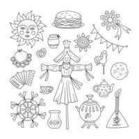 Maslenitsa. Pancake week elements - pancake, samovar, candy, balalaika, sun, scarecrow of winter, sour cream, accordion. Shrovetide. vector