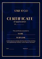 Vector simple template of vertical certificate of appreciation blue color with golden frame. Education concept. Can use for beauty master, courses