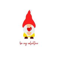 Cute Valentine s Day gnome with heart. Vector illustration. Be my valentine script. Funny quote. Template for greeting card, label, tag, print for clothes, mug, pillow