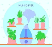 Humidifier with plants. Healthcare concept on table. blue background. Clean wet air at home. Vector illustration. Flat tyle.