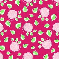 Seamless pattern with pink roses, green leaves. Hand draw flower. Line brush style. Vector background. For wrapping, fabric textile, package design, wallpaper, clothes print, digital paper