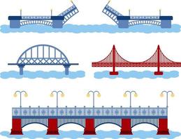 Icon set of bridge with river. Various types of construction. Opening, railway, motorway. Industrial connection concept. vector