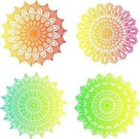 Mandalas design. Set of four on white background. Green, blue, yellow, red gradient color. Boho concept. Indian yoga template. Vector graphic elements for logo, print, pattern.