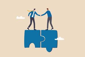 Collaborate, cooperate or partnership and agreement to help business success, together or teamwork support each other concept, success businessmen finish deal and handshake on jigsaw puzzle. vector