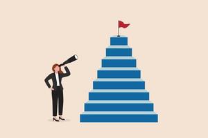 Growth step to success, visionary to see business opportunity or career path, journey to reach goal or achievement concept, smart businesswoman looking through telescope for target on top of stairway. vector
