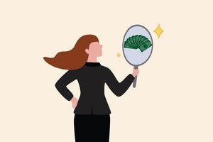 Self worth or self esteem, confident or attitude to see value in yourself, motivation or positive thinking concept, confidence businesswoman look at her reflection in the mirror to see money banknotes vector