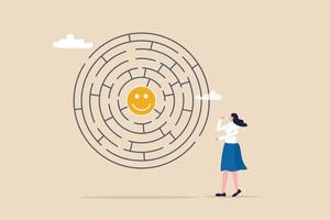 Finding happiness, positive thinking or emotion intelligence, solution to searching for happiness and optimism concept, frustrated woman find the way to happy smile in the middle of labyrinth puzzle. vector