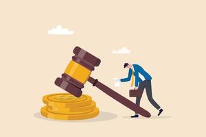 Penalty fine to pay for prohibited legal, charge and expense punishment notice, traffic charge bill concept, sad man holding fine notice with law gavel on top of money coins stack. vector