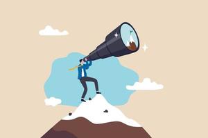 Ambition to aim high and achieve business goal, motivation to success, challenge and determination for victory concept, ambitious businessman look through telescope for mountain peak target. vector