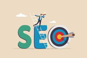 seo, optimización de motores de búsqueda para dirigir el tráfico o el visitante al sitio web, mejorar la clasificación de resultados de búsqueda obtener más concepto de visibilidad, el hombre de negocios sube la escalera en la palabra seo con el objetivo de la flecha. vector