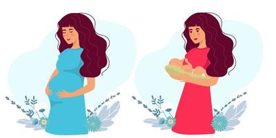 ilustración vectorial mujer embarazada, madre con bebé recién nacido en brazos. tarjeta de felicitación del día de la madre feliz. ilustración de vector de concepto en estilo de dibujos animados lindo, salud, cuidado, maternidad