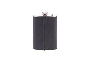 Stainless steel hip flask with leather cover isolated on white background photo