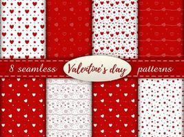 Romantic seamless patterns with a heart. Happy Valentine s Day. Set of 8 patterns with a red and white hearts, dots and stars on a white and red background. vector