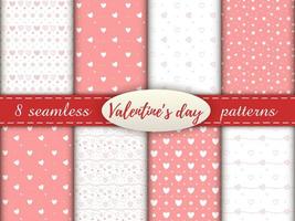 Romantic seamless patterns with a heart. Happy Valentine s Day. Set of 8 patterns with a pink and white hearts, dots and stars on a white and pink background. vector