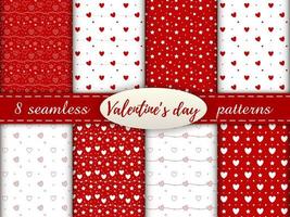 Romantic seamless patterns with a heart. Happy Valentine s Day. Set of 8 patterns with a red and white hearts, dots and stars on a white and red background. vector