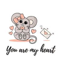 Cute little mouse with pink polka-dot bow, envelope and hearts. Happy Valentines Day. Love and romance. You are my heart. vector