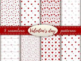patrones románticos sin fisuras con un corazón. Feliz día de San Valentín. conjunto de 8 patrones con corazones rojos, puntos y estrellas sobre un fondo blanco. vector