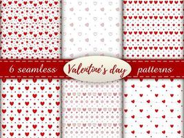 patrones románticos sin fisuras con un corazón. Feliz día de San Valentín. conjunto de 6 patrones con corazones rojos, puntos y estrellas sobre un fondo blanco. vector