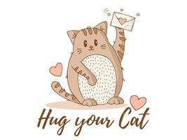 A brown striped cat with a light belly waves a paw. World Cat Day. International holiday. Cat with lettering. Hug your cat. vector