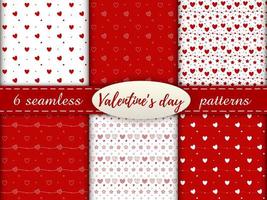 Romantic seamless patterns with a heart. Happy Valentine s Day. Set of 6 patterns with a red and white hearts, dots and stars on a white and red background. vector