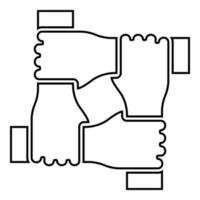 Four hands together concept teamwork united teamleading Arm interlocking with each other on wrist jointly collaboration contour outline icon black color vector illustration flat style image