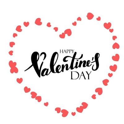 Handwritten lettering on a white background. Happy Valentine s Day. Love and romance. Black lettering on a white background with a frame of a pink hearts.