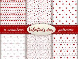 Romantic seamless patterns with a heart. Happy Valentine s Day. Set of 6 patterns with a red hearts, dots and stars on a white background. vector