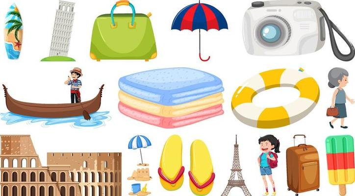 Set of summer vacation objects and elements