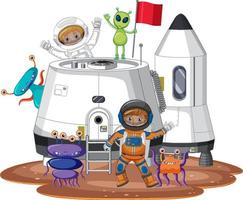 Astronauts on planet surface with colony buildings vector