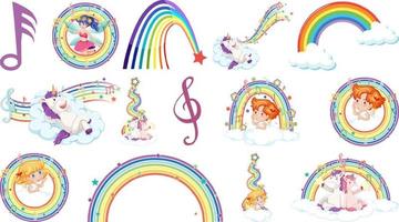 Set of fantasy fairies and cupids with rainbow elements vector