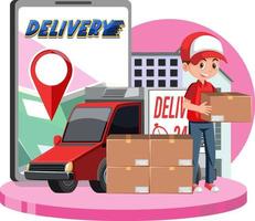 Courier delivering packages with location pin on smartphone vector