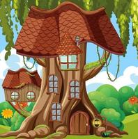 casa del árbol de fantasía en el bosque vector